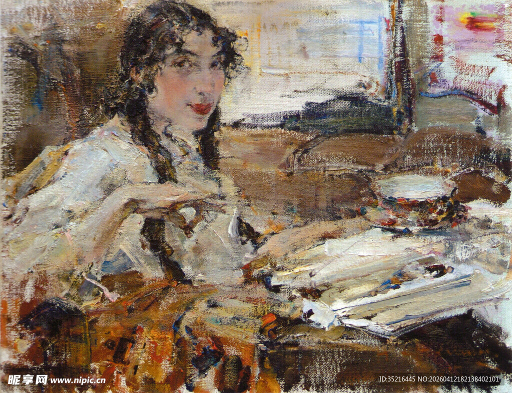 女子专注作画的艺术场景