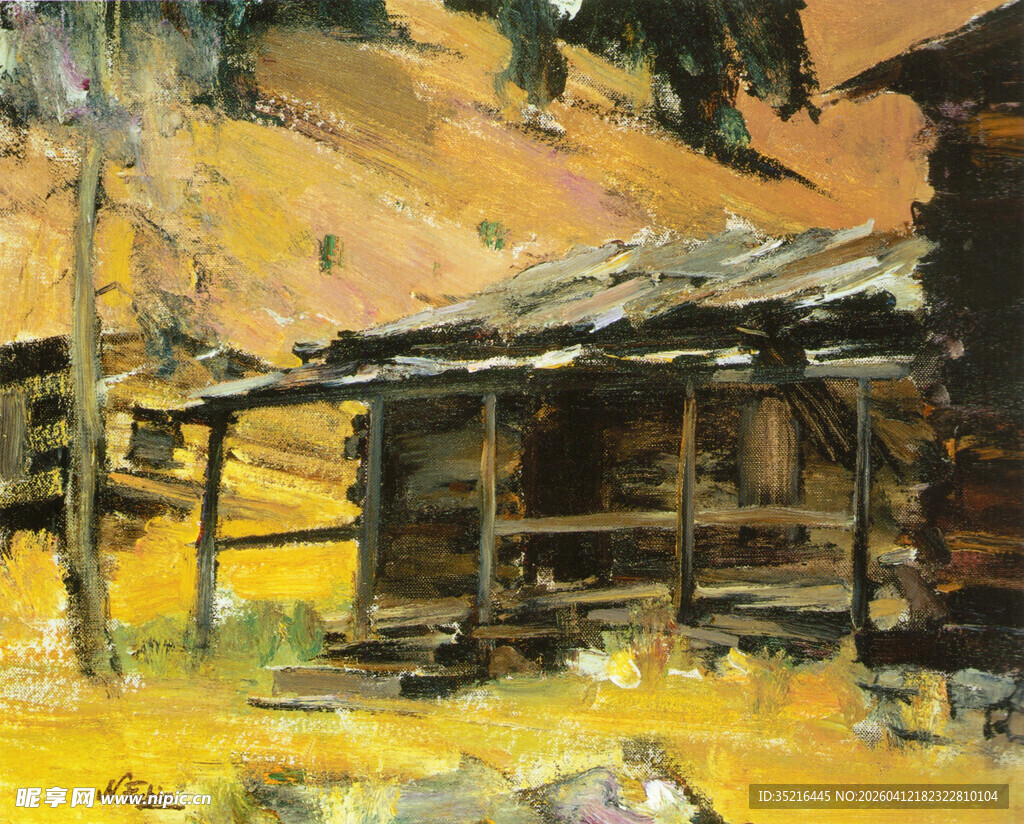秋日乡村木屋风景油画