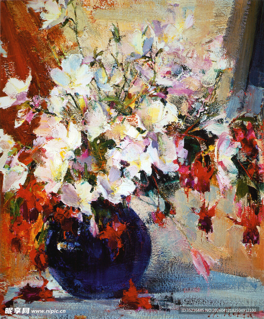 油画中的多彩花卉花瓶