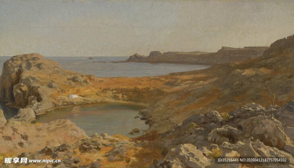 海边岩石景观油画