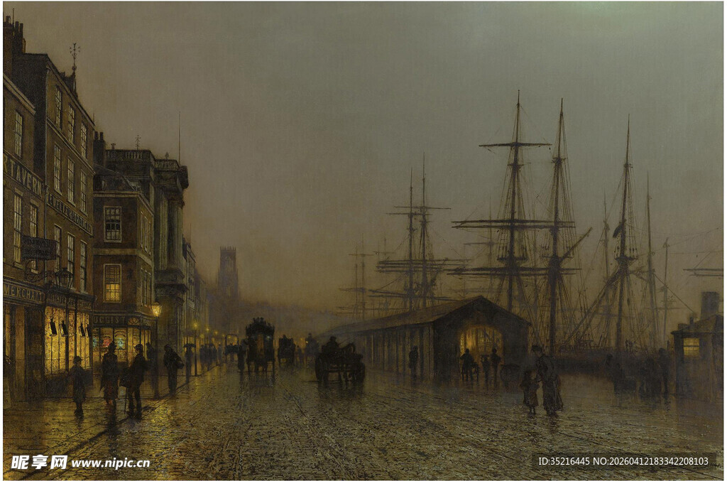 港口黄昏下的船只与人影