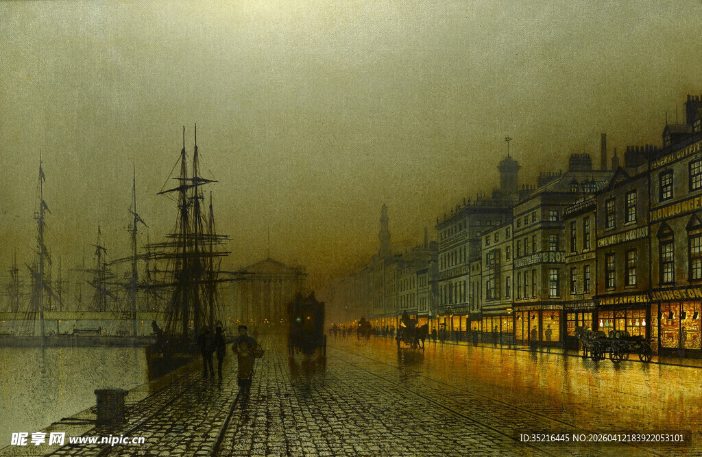 黄昏港口船只与沿岸建筑