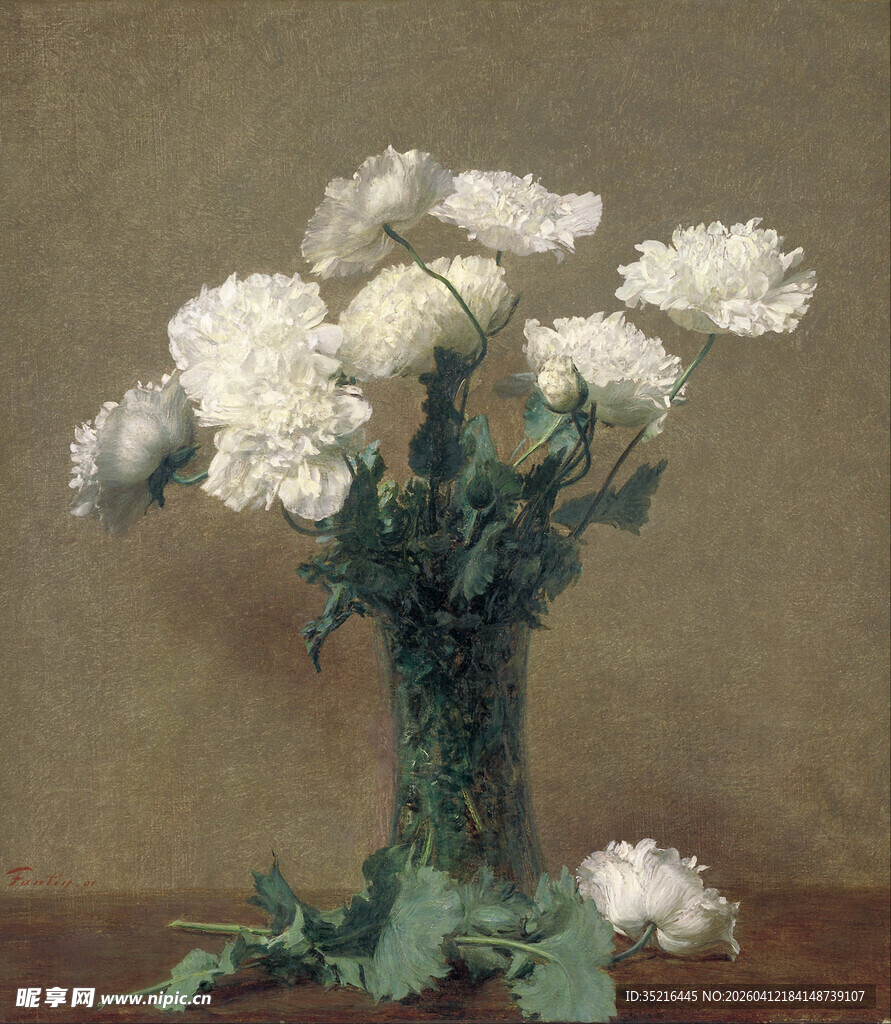 花瓶中的白色花卉静物画