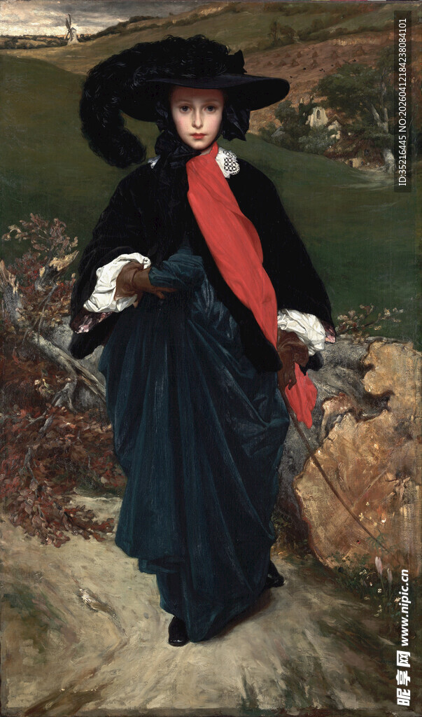 复古装扮女士漫步风景中