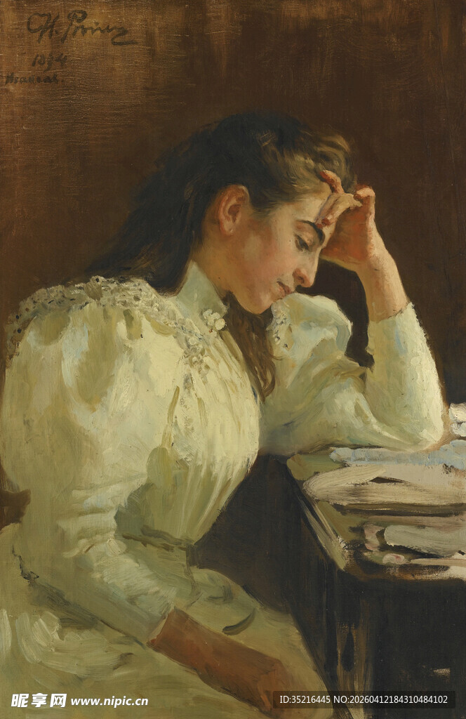 复古女子桌边沉思模样