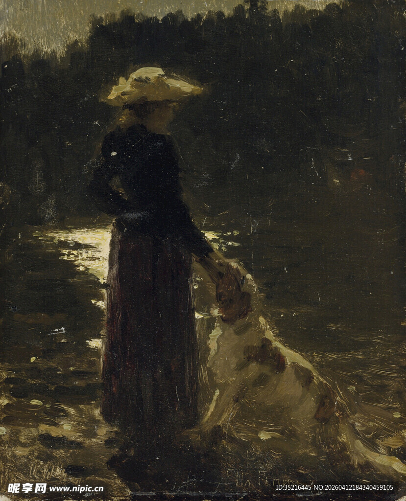 女子与狗在黄昏河畔