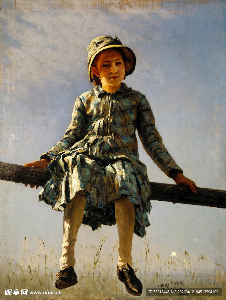 坐在横杆上的复古装扮女孩