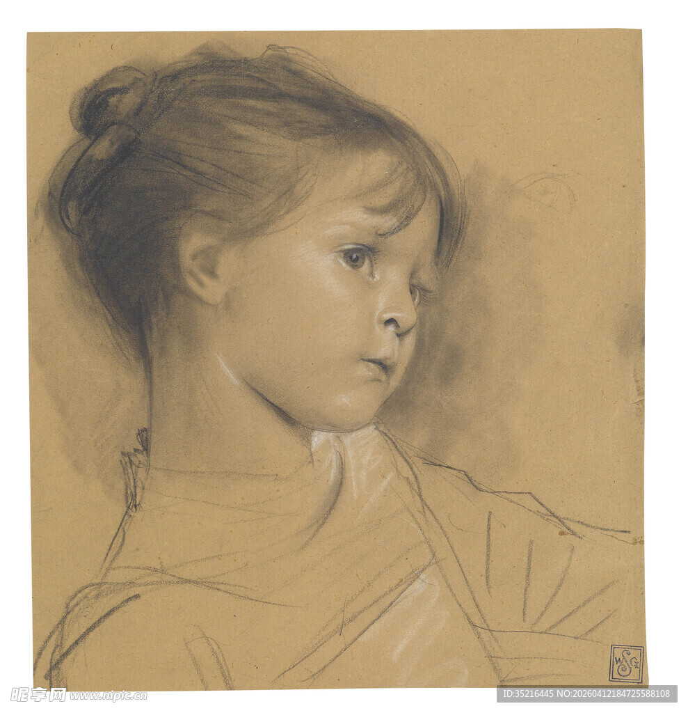 少女侧面素描肖像画