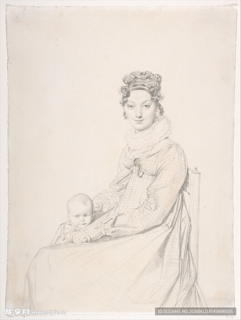 古典女性与婴儿素描画像