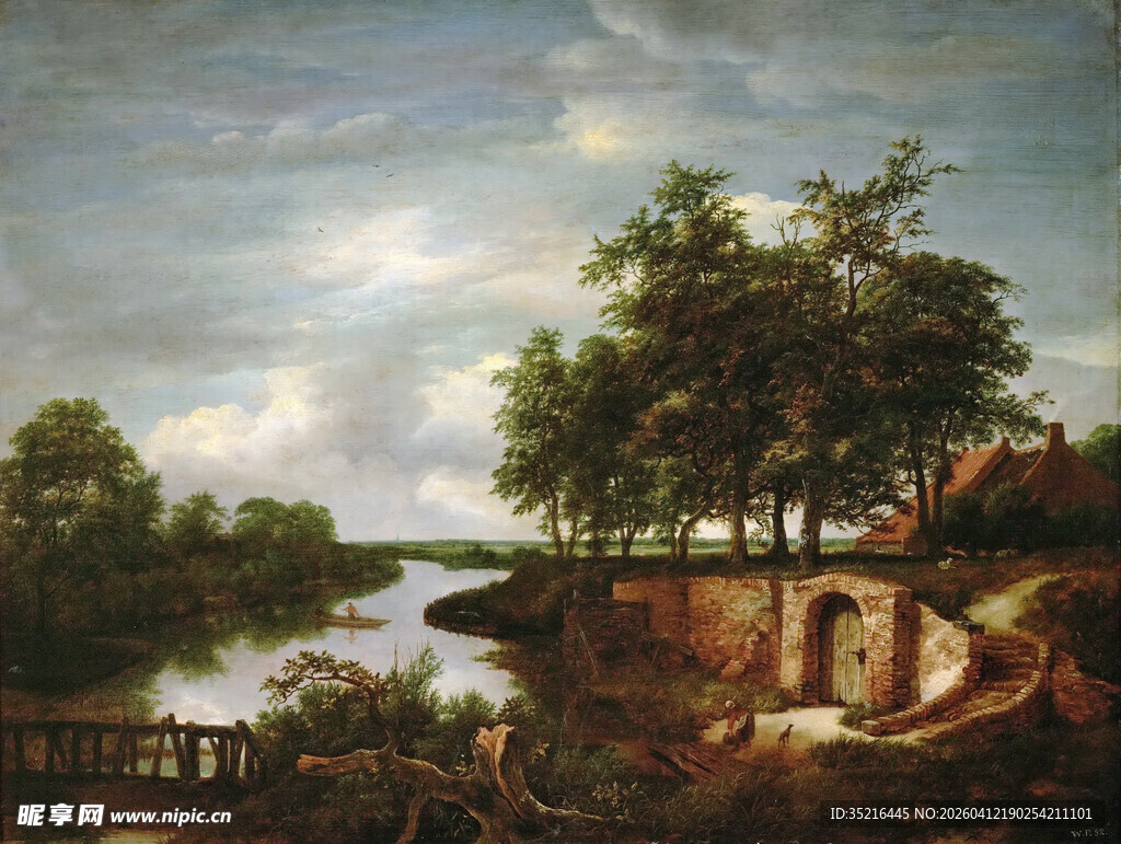 河畔田园风光油画
