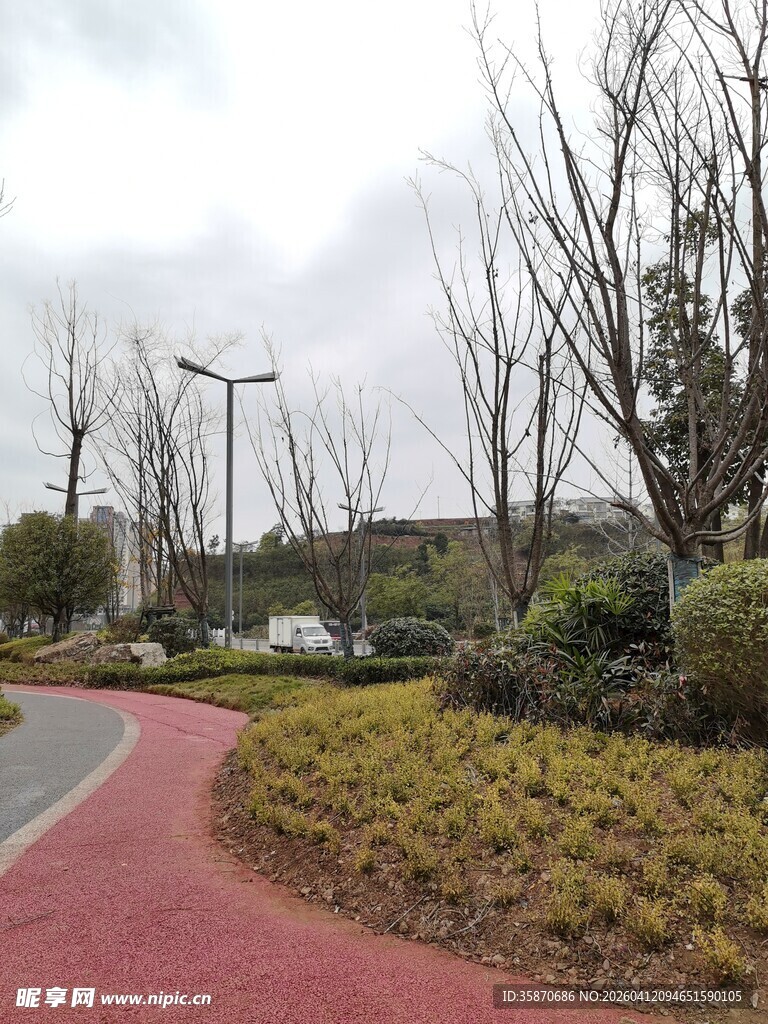 冬日城郊彩色步道景观