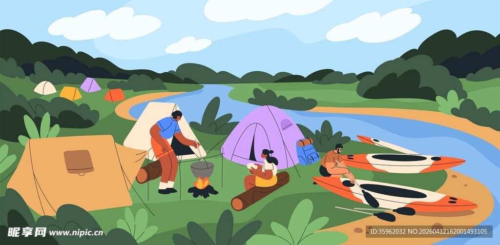 河畔露营插画