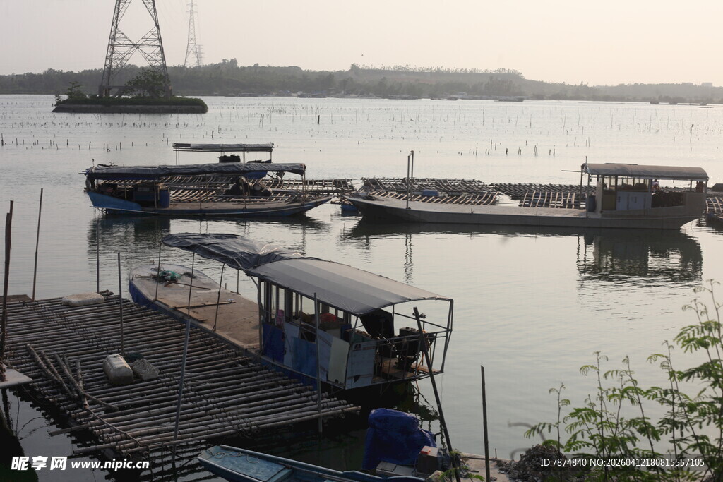 湛江江边停泊的船只与码头