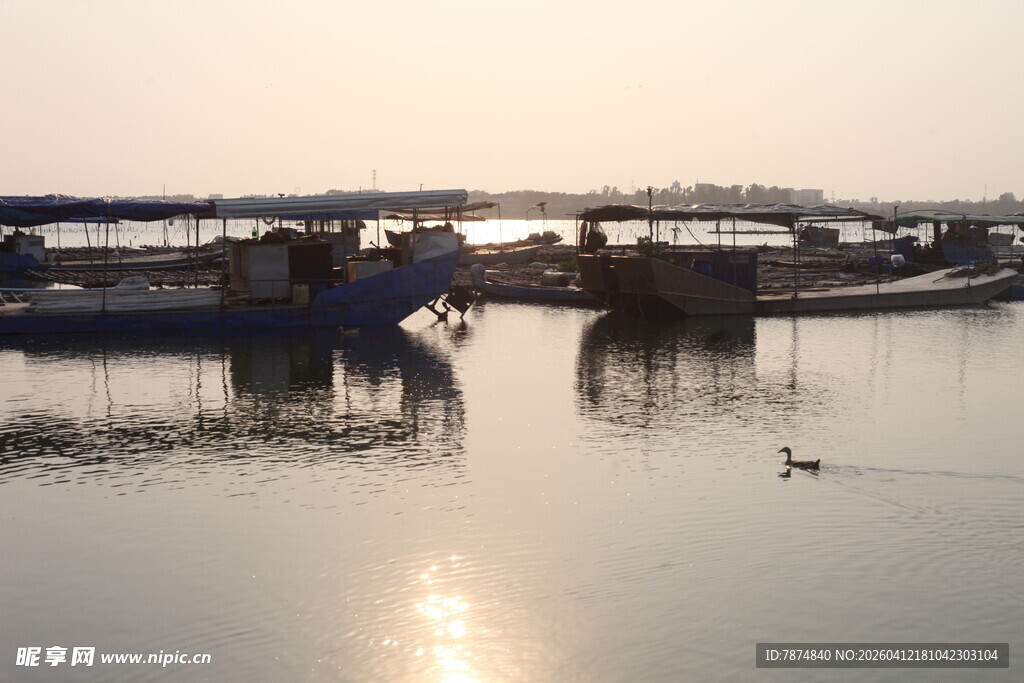湛江夕阳下的宁静渔港