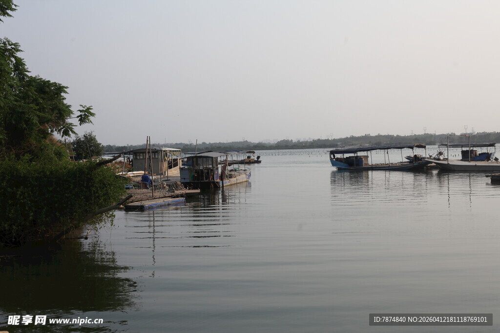 湛江宁静湖畔停泊的船只
