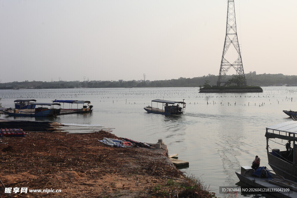 湛江湖畔船只与高耸塔景