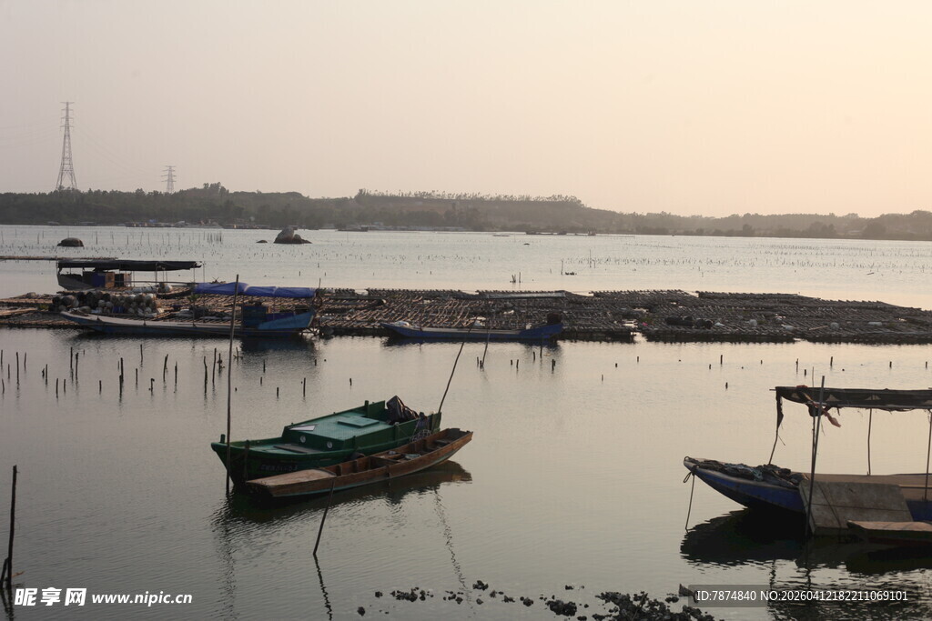 湛江宁静港湾中的停泊小船