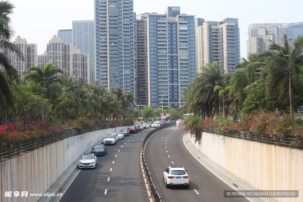 湛江城市公路旁的高楼景观