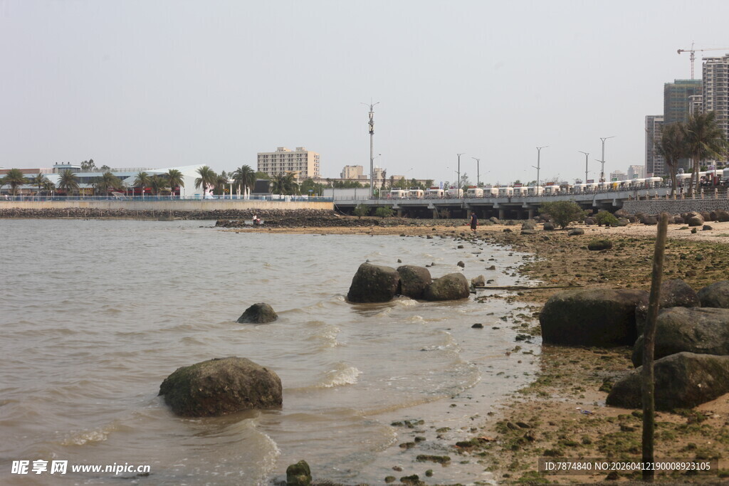 湛江海滨岸边礁石与城市景观