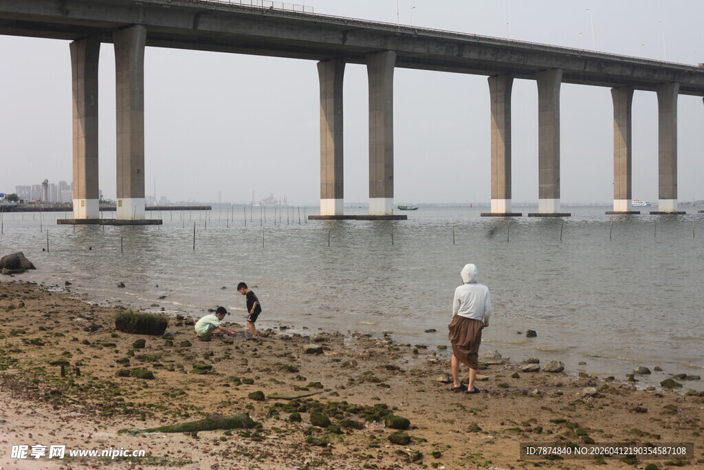 湛江大桥下的江畔休闲场景