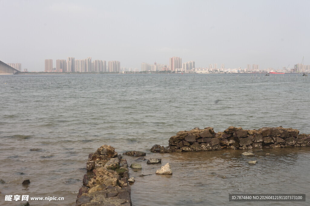 湛江海边礁石与远处城市景观