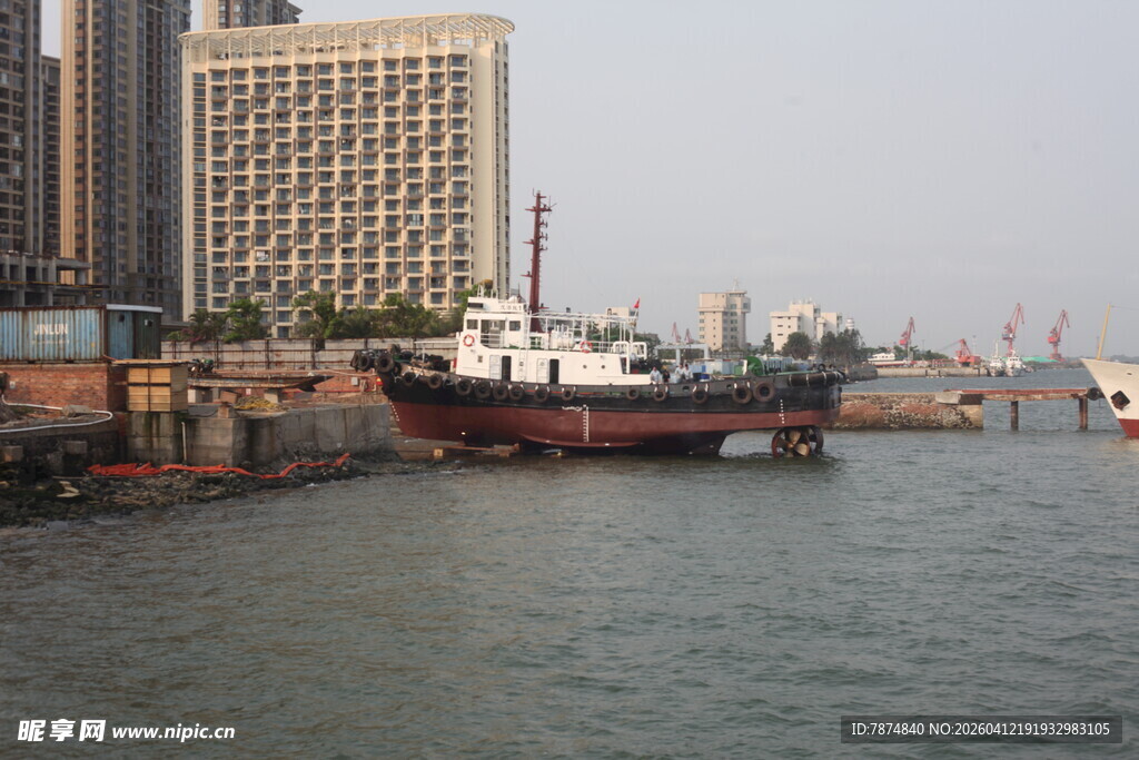 湛江港口停泊的船只及城市建筑