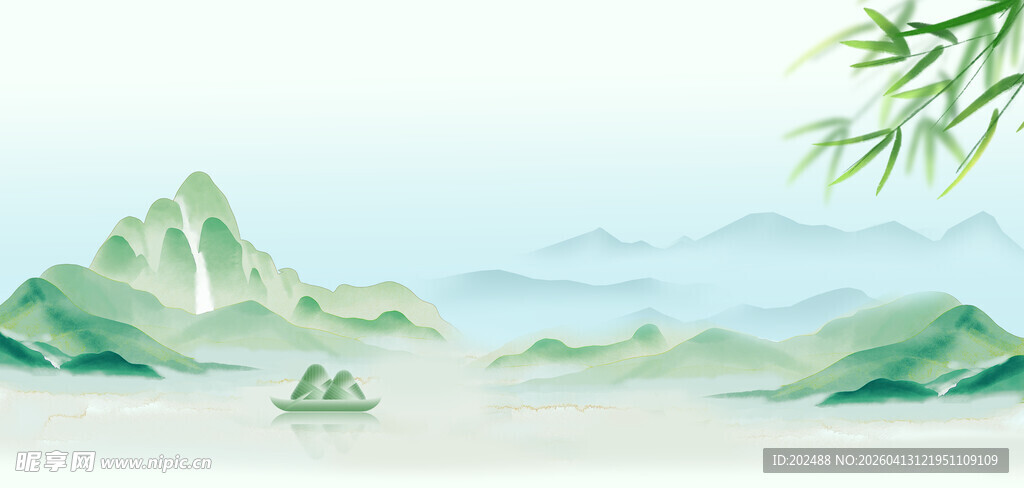 端午节节日山水粽子绿色国风背景