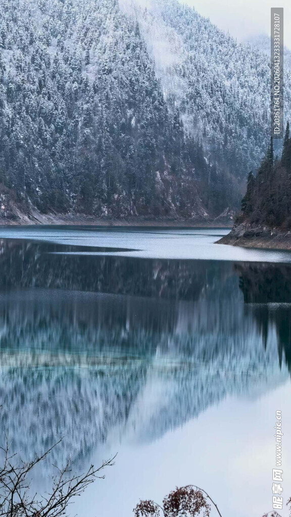 冬日雪山下的静谧湖泊