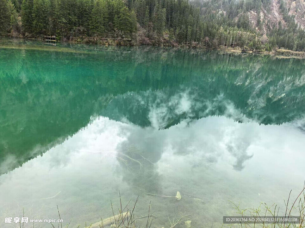 碧绿湖水映山林美景