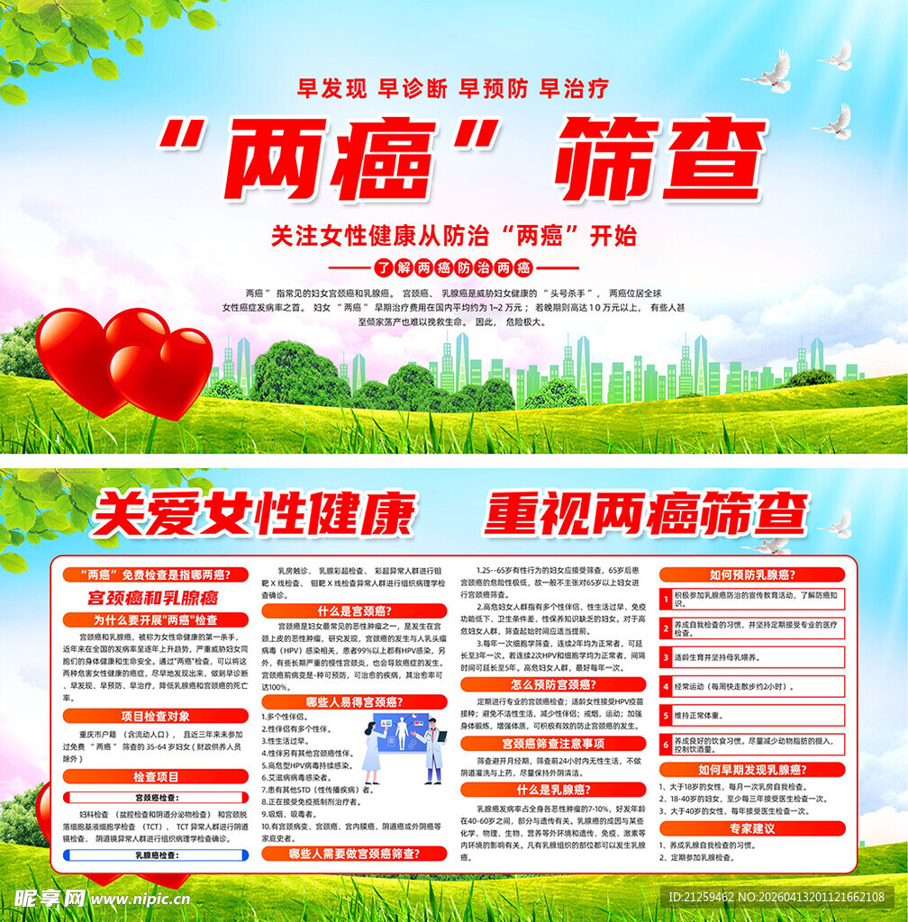 绿色卡通两癌筛查宣传展板
