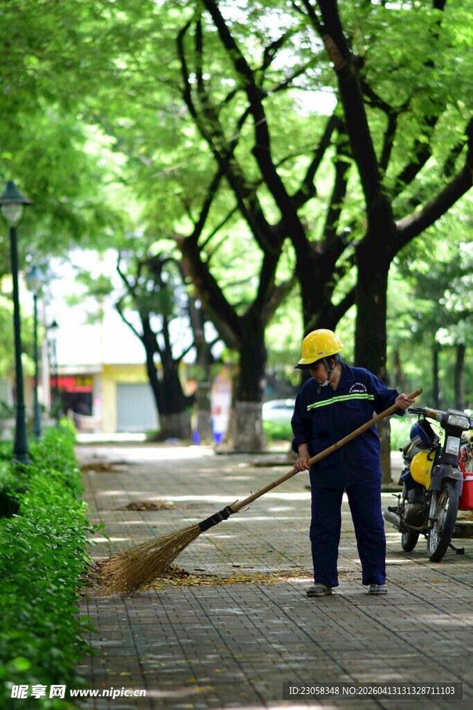 环卫工人清扫林荫道