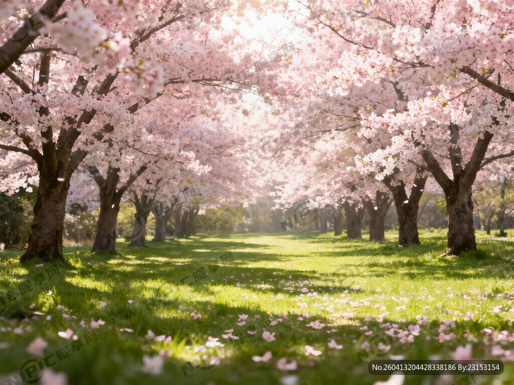 樱花林 草地 偏写实风格。