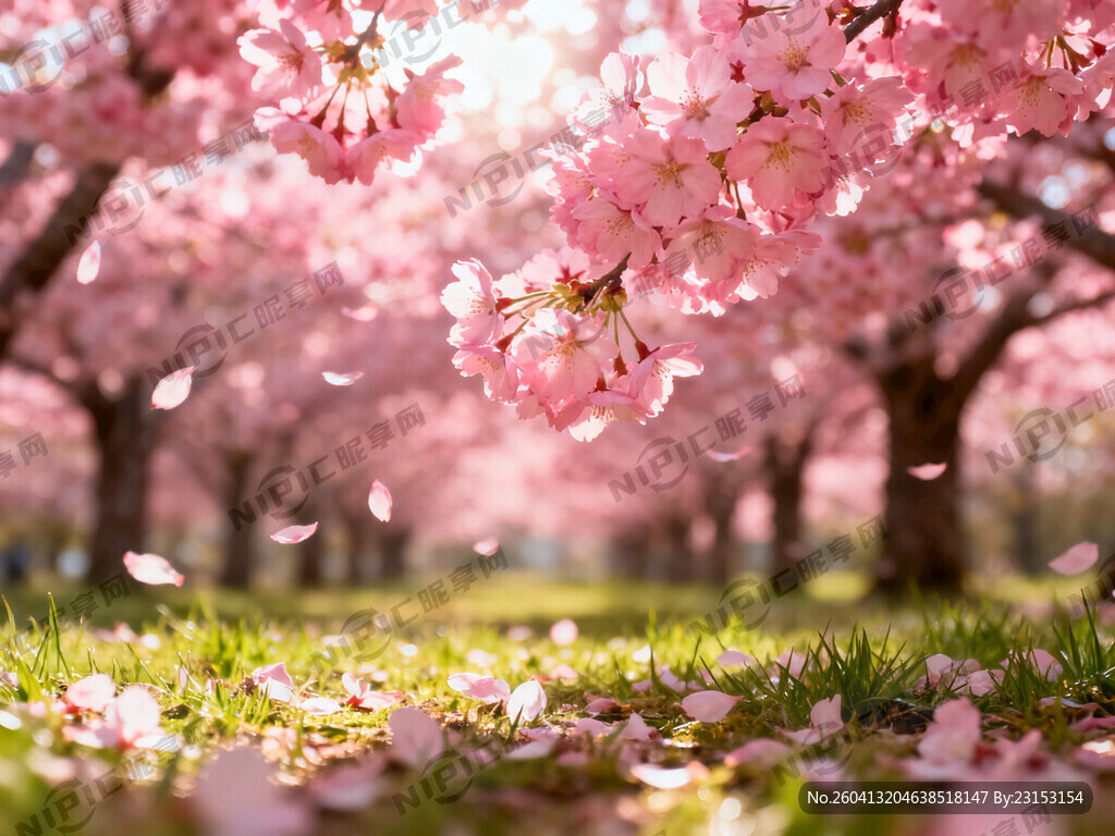 樱花林 草地 粉红。