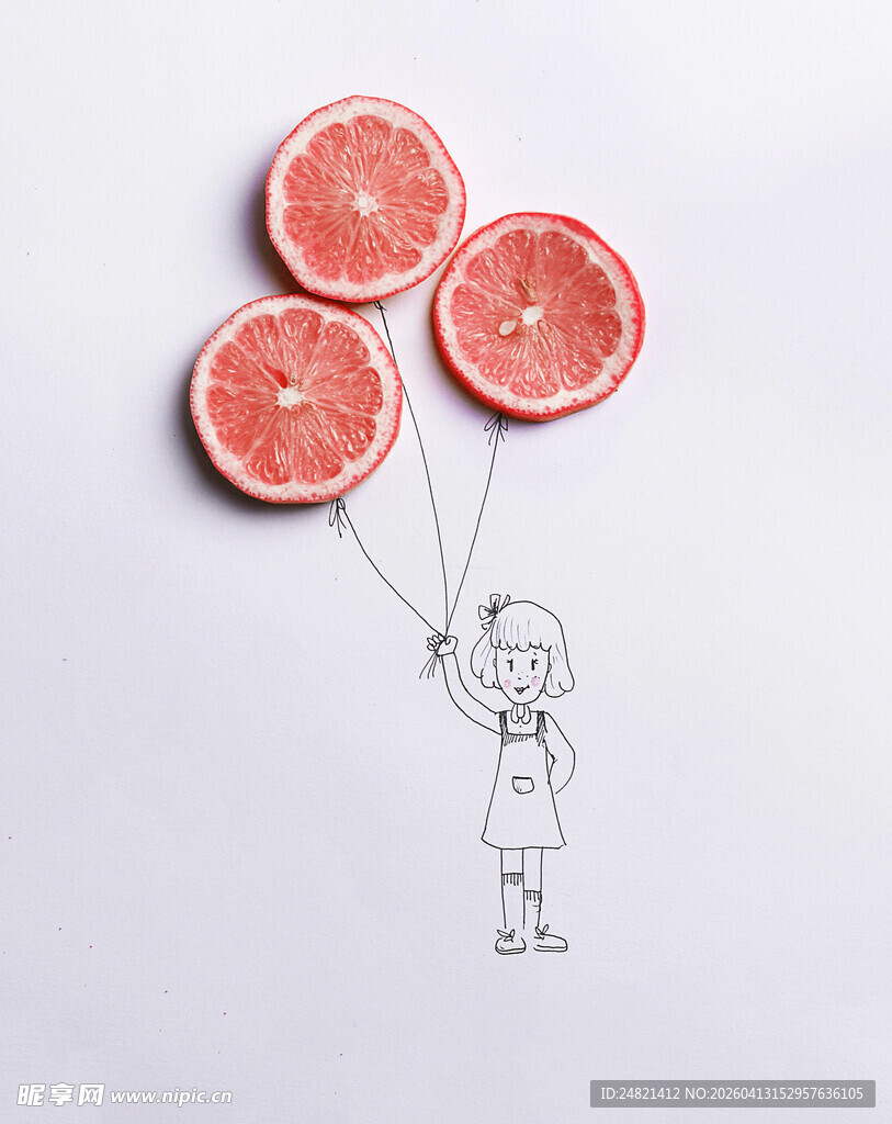 女孩手持西柚片气球插画