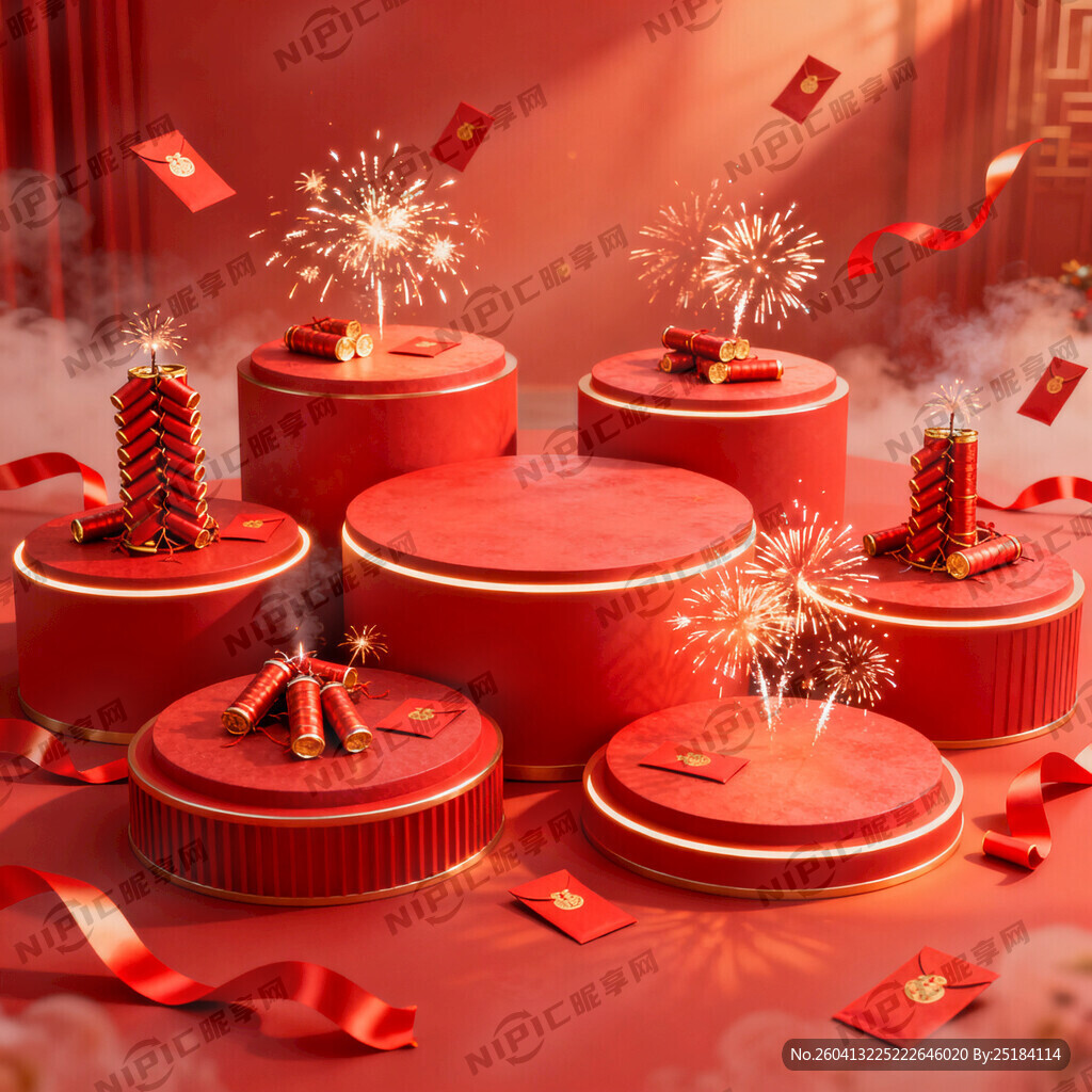 宏大喜庆红色梦幻场景、六个错落