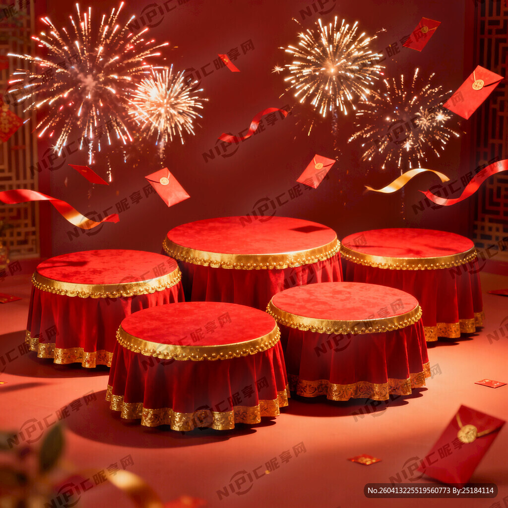红色、金色喜庆场景、六个错落有
