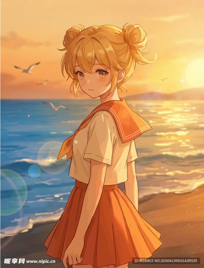 海边少女的唯美夕阳时光