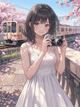 白衣少女樱花下举机拍照