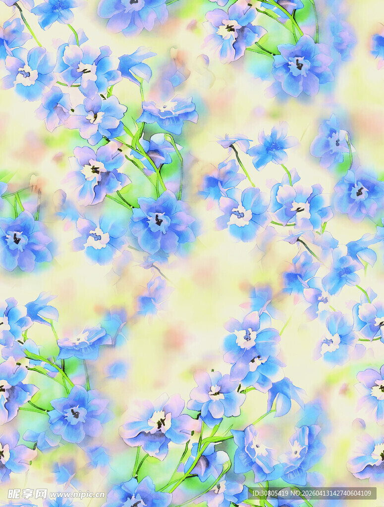 梦幻蓝色花卉水彩图案