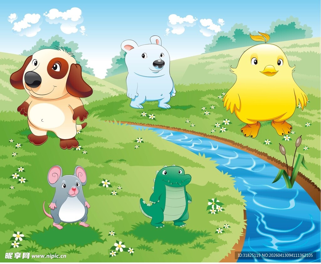 可爱动物齐聚溪边草地