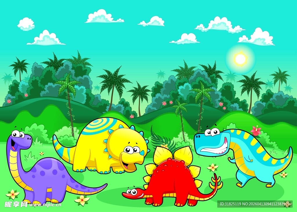可爱恐龙在丛林欢乐相聚