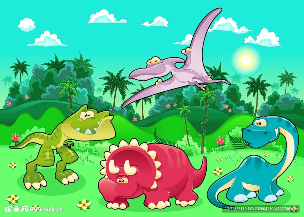 卡通恐龙在丛林中嬉戏