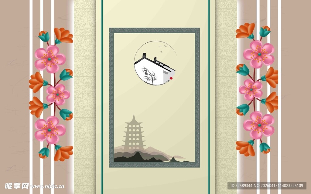 复古风装饰画中的建筑景观