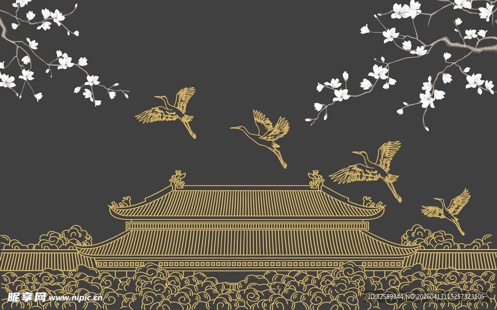 中式庭院飞鸟花卉景观图