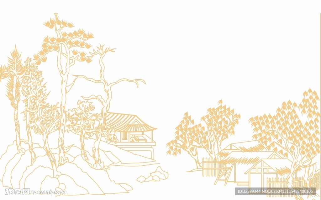 中式山水风景金色插画