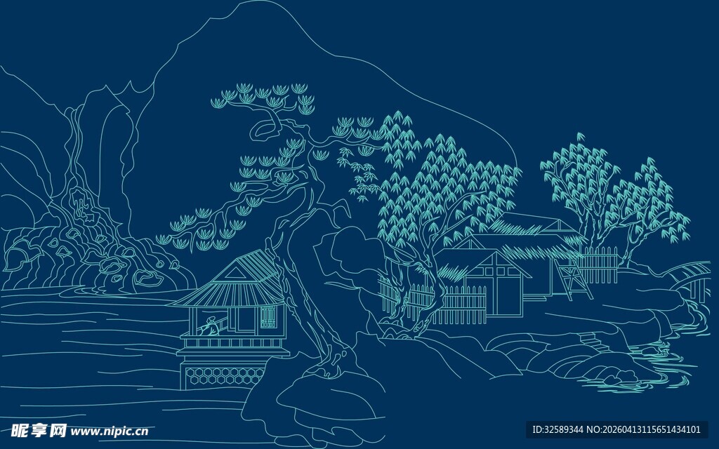 中式古风山水风景插画