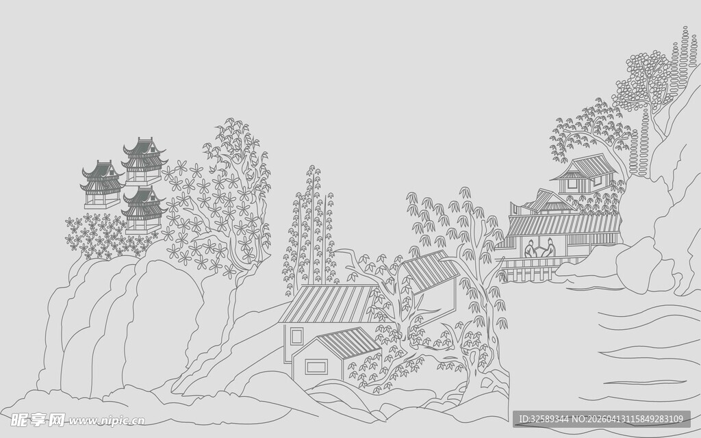 水墨山水线描风景图