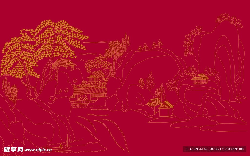 中式红底金纹山水图案