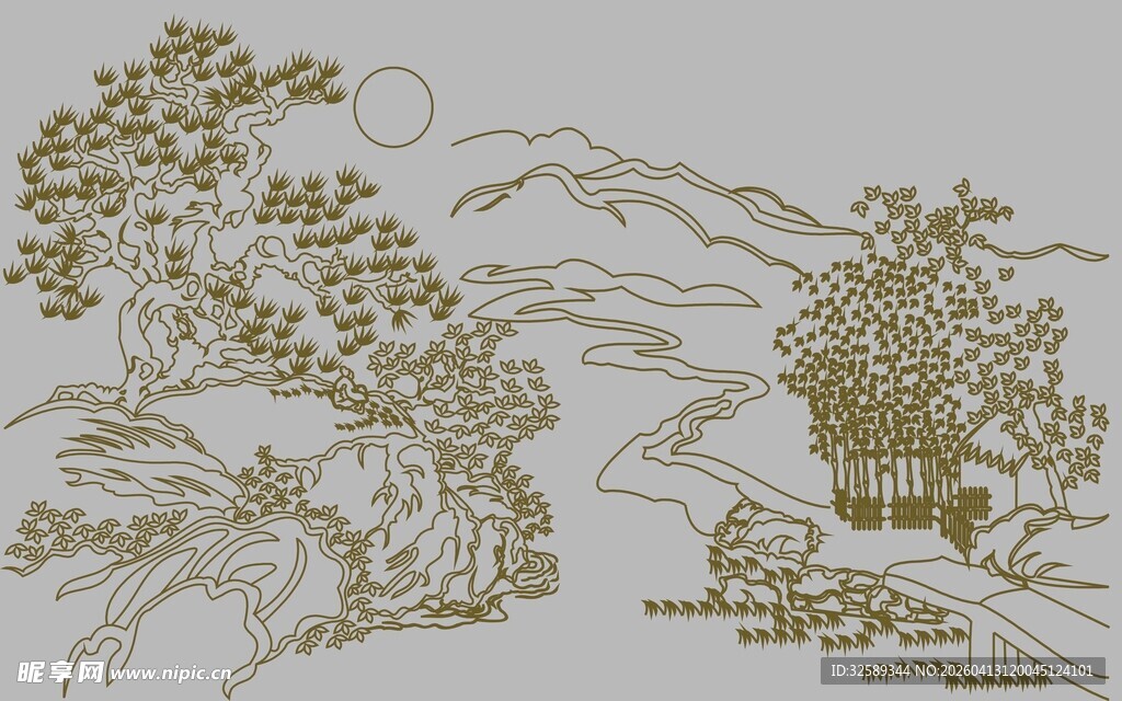 中式山水植物手绘图案