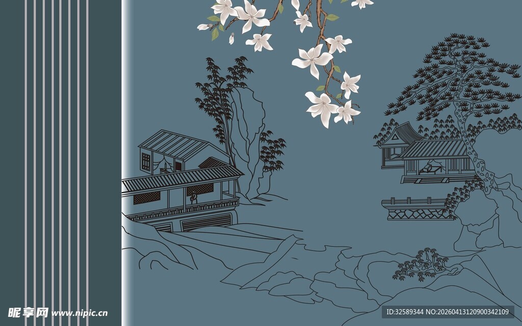 中式古风山水庭院图景
